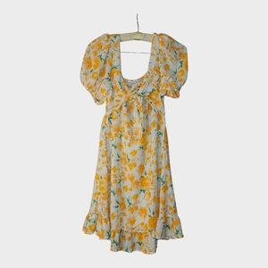 Yellow & White Floral Smocked Top Spring Easter Mini Dress S Garden Fairy